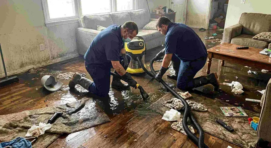 Two technicians extracting water from a flooded living room floor